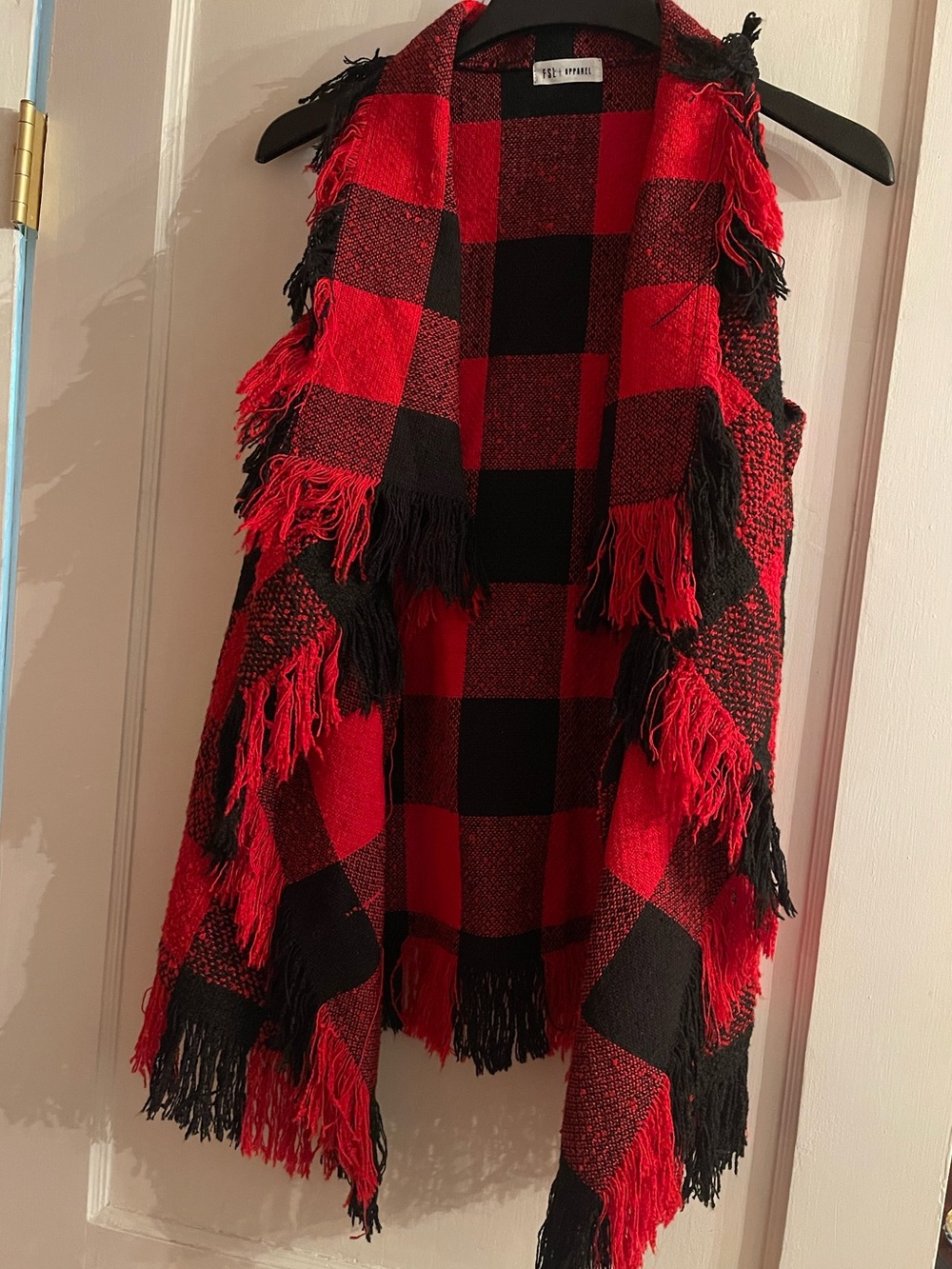 Red & Black Fringe Buffalo Plaid Open Vest